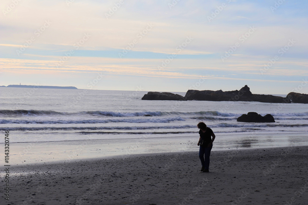 Naklejka premium Walker on the Pacific Beach just before sunset