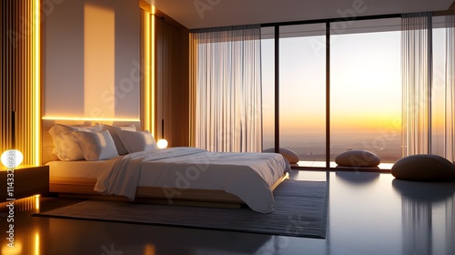 Modern hostel room with plush bed, contemporary decor, large windows streaming natural light, bean bags in the corner for lounging, cozy ambiance