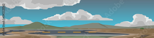 Horizontal view of Asphalt road with flooded areas. Wide open areas with flooded roads. Bring trees and trash. Under the sky and dark clouds.