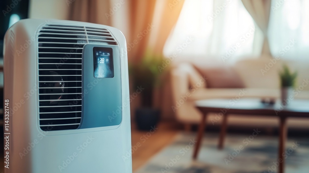A modern air conditioner in a cozy living room setting. A modern air conditioner in a cozy living room setting.