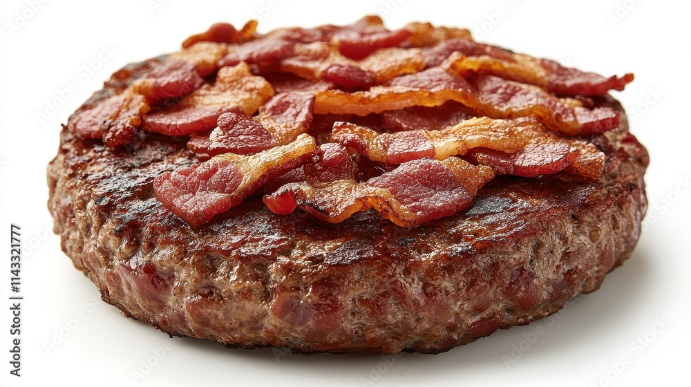 Obraz premium Uncooked hamburger patty topped with bacon, isolated on a white background.