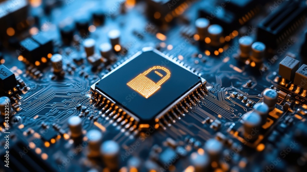Secure Connection and Cybersecurity Service Concept Featuring a Closeup of a Computer Motherboard with Safety Elements Showcasing Technology, Data Protection, and Network Security Measures Secure Connection and Cybersecurity Service Concept Featuring a Closeup of a Computer Motherboard with Safety Elements Showcasing Technology, Data Protection, and Network Security Measures