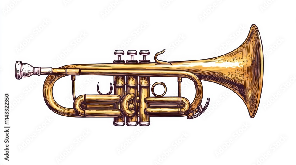 Fototapeta premium illustration of a brass cornet illustrated from the front, set against a white background for graphic applications.