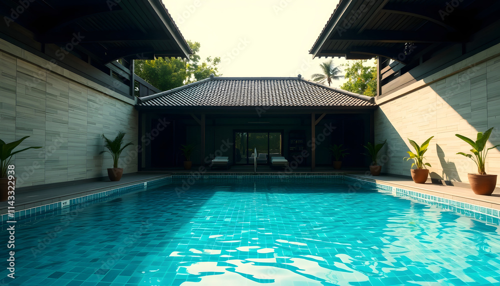 Obraz premium Swimming pool in summer time, asian style, with white tones