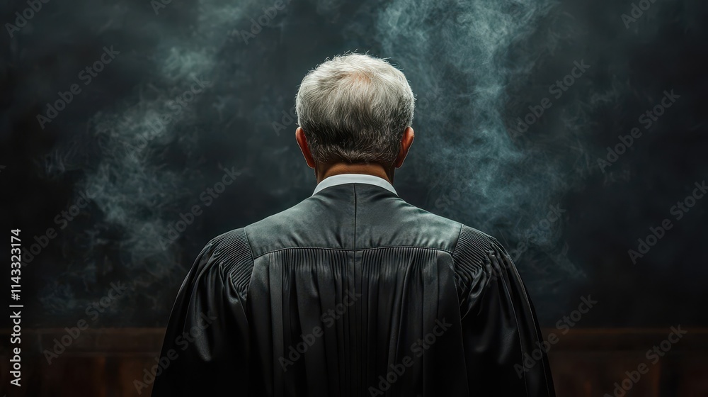 Fototapeta premium Experienced male judge in judicial robe standing with his back to the camera