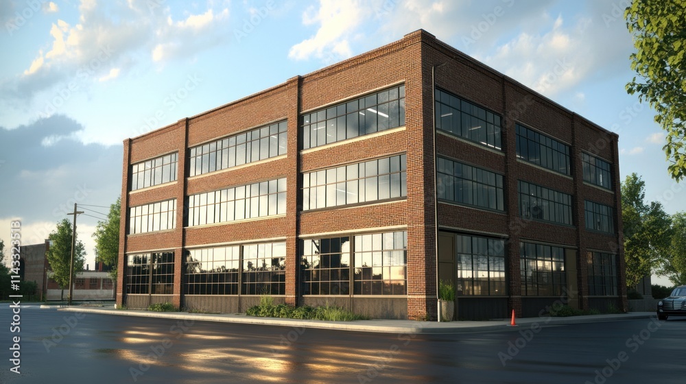 Obraz premium A modern brick building with large windows, situated on a quiet street.