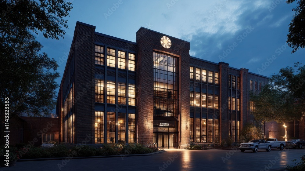 Fototapeta premium A modern building illuminated at dusk, showcasing a blend of brick and glass architecture.
