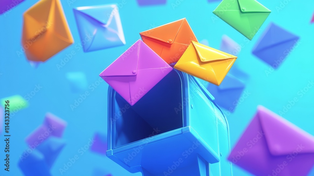 16.A colorful 3D mailbox illustration with a collection of bright envelopes, one protruding as though delivering a new message, set in a vibrant, cartoonish style with smooth lines and a friendly 16.A colorful 3D mailbox illustration with a collection of bright envelopes, one protruding as though delivering a new message, set in a vibrant, cartoonish style with smooth lines and a friendly