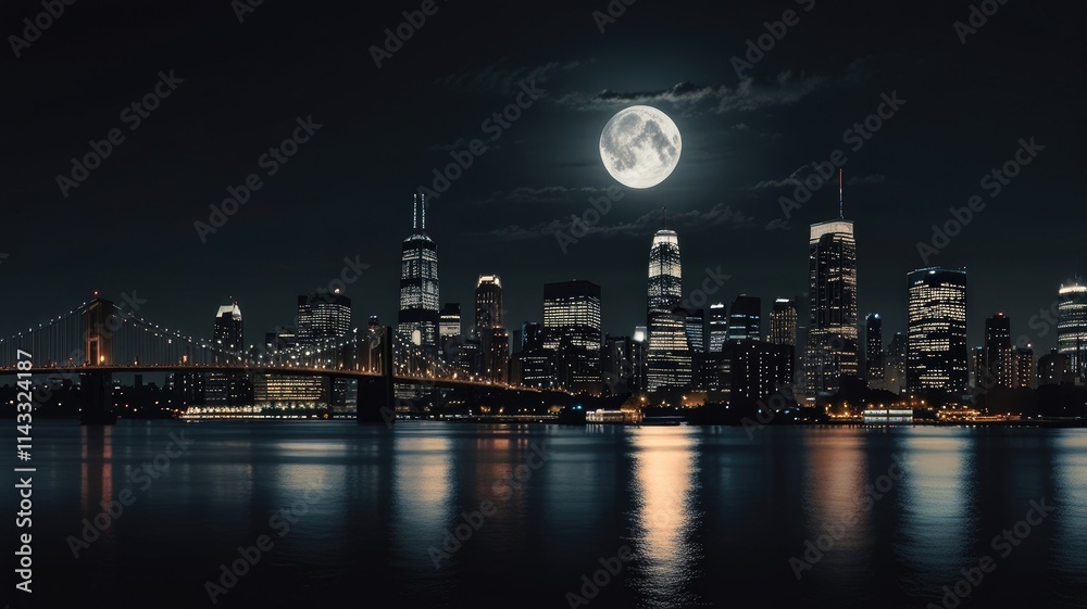 Obraz premium City Silhouette under a Full Moon
