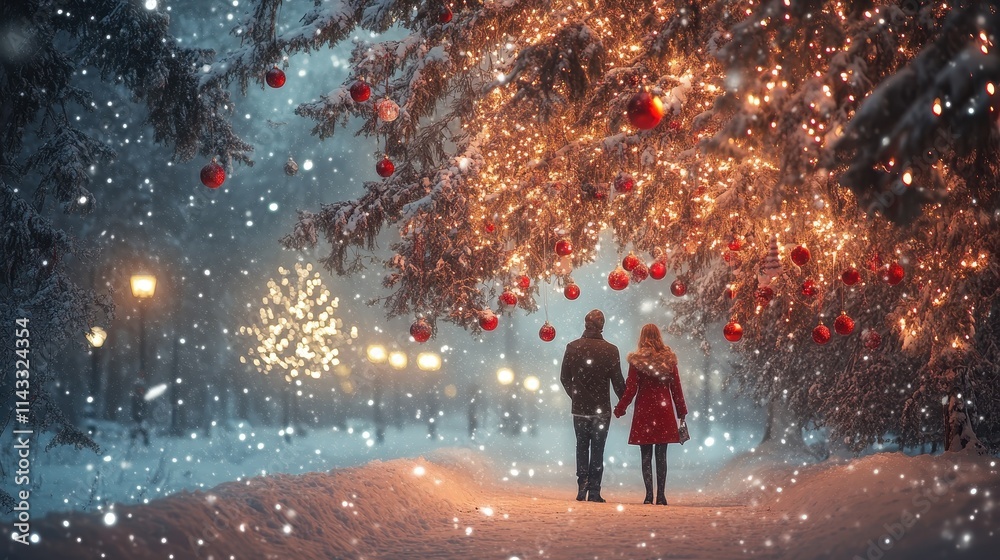 Young couple enjoys a romantic christmas evening under a snow covered tree adorned with red ornaments and twinkling lights Young couple enjoys a romantic christmas evening under a snow covered tree adorned with red ornaments and twinkling lights