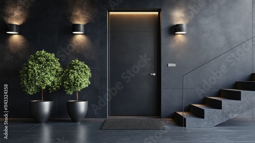 A modern entryway featuring a sleek door  stylish lighting  and decorative plants.