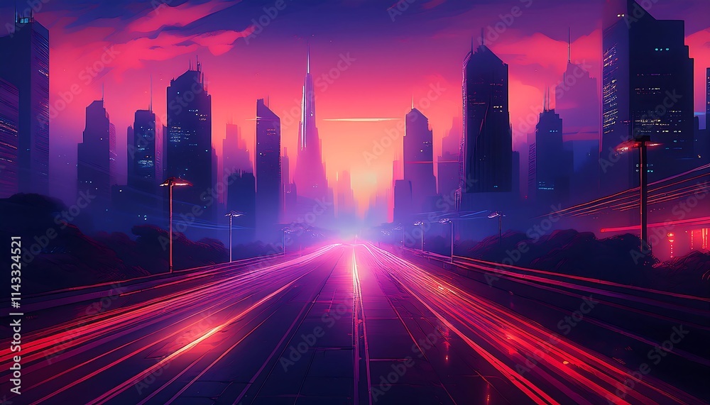 Hazy cityscape at dusk with neon signs and shimmering silhouettes of buildings. Generative AI