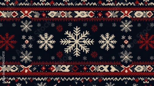 Traditional Nordic fair isle pattern with snowflakes and geometric design on dark background