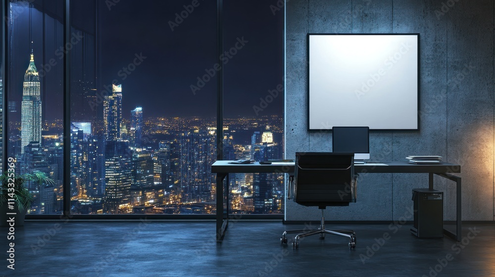 A modern office with a city skyline view at night. A modern office with a city skyline view at night.