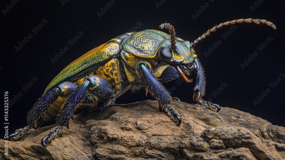 Vibrant Green and Blue Beetle on Rough Bark Vibrant Green and Blue Beetle on Rough Bark