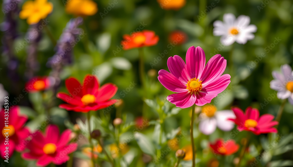 Cosmos flower blossom in garden, low-poly, with white tones Cosmos flower blossom in garden, low-poly, with white tones