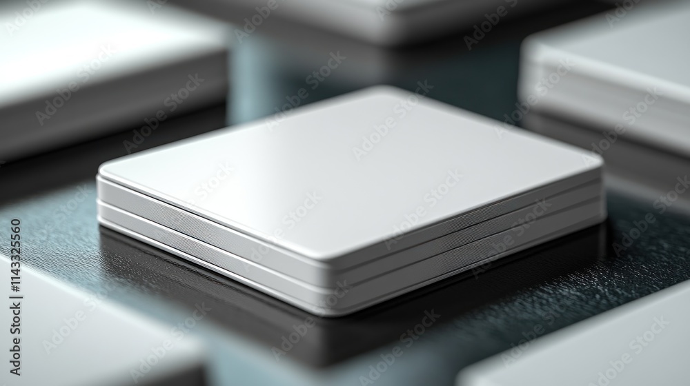 A close-up of stacked blank rectangular tiles on a reflective surface. A close-up of stacked blank rectangular tiles on a reflective surface.