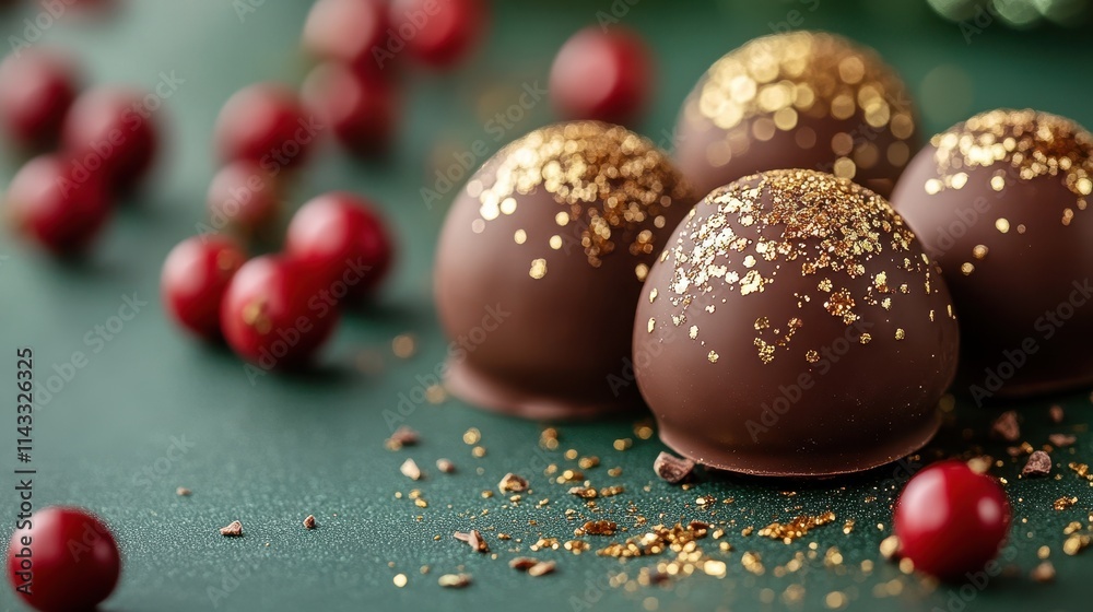 Obraz premium Festive chocolate truffles with gold dust, placed on a green background, with red berries adding a seasonal touch