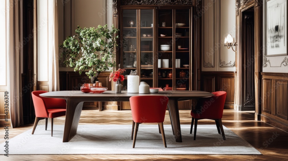 Fototapeta premium Elegant Dining Room Interior with Red Chairs and Wooden Table