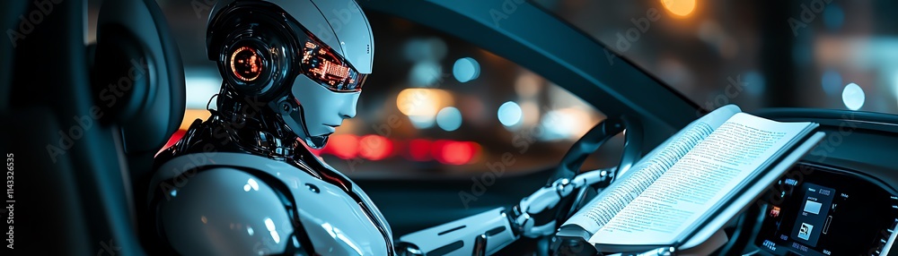 A futuristic robot reading a book in an autonomous vehicle A futuristic robot reading a book in an autonomous vehicle