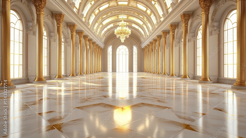 Obraz premium luxurious royal palace hall, gold marble walls, ornate columns, grand chandelier, warm golden lighting, isolated on white background