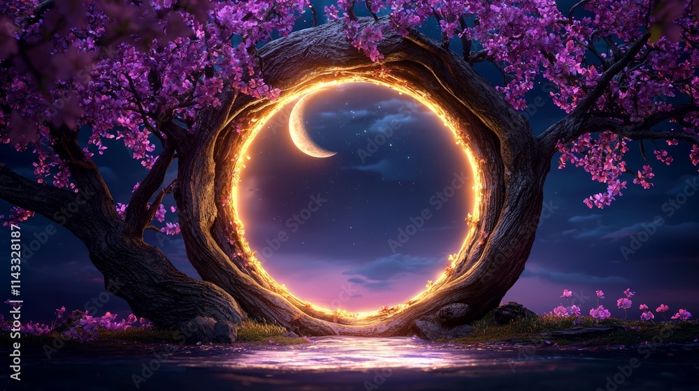 Fototapeta premium Magical duality landscape with sun and moon balanced in twilight, lush forest in spring bloom, vintage fairytale style, enchanting details