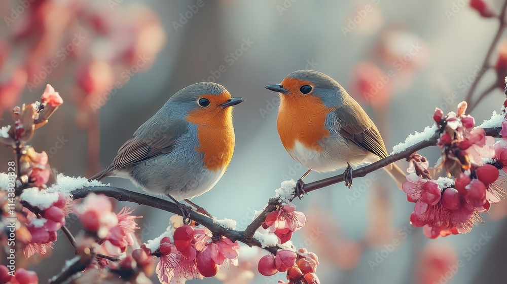 Fototapeta premium cute two bird perched on tree during winter time, Generative Ai