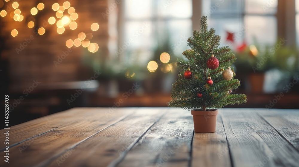 Close-up Modern wood dining tabletop with small Chrismas tree Close-up Modern wood dining tabletop with small Chrismas tree