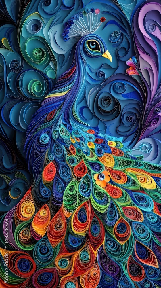 Fototapeta Vibrant Peacock Depicted In Intricate Paper Roll Art