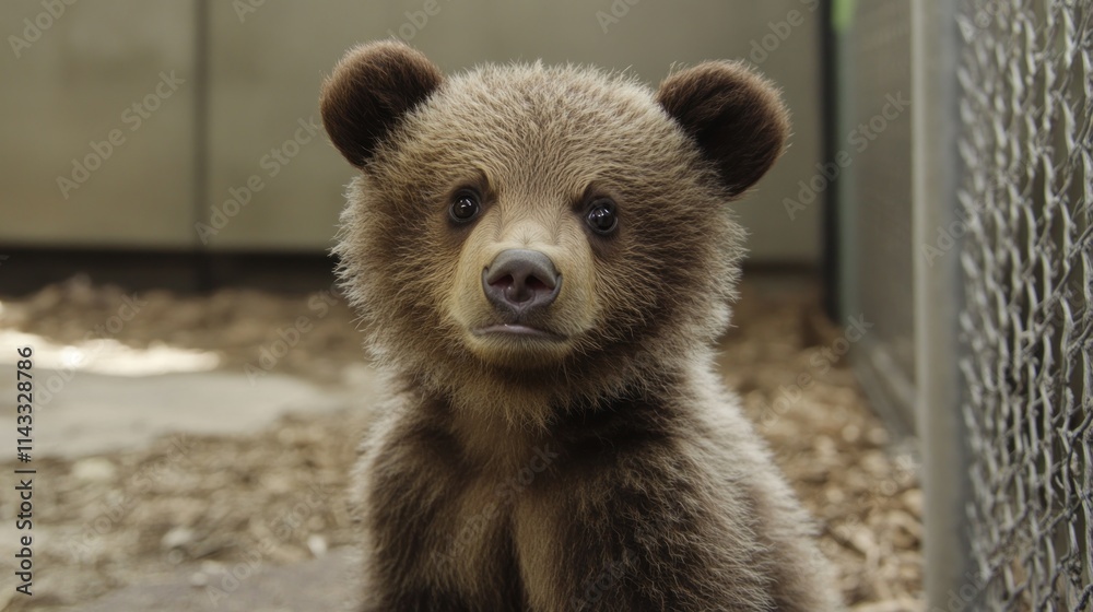 Fototapeta premium Adorable brown bear cub looking directly at camera in enclosure.