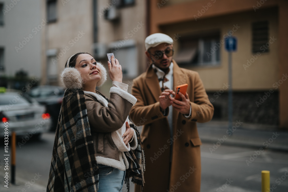 Obraz premium A stylish young couple uses their smart phones to capture moments while strolling through city streets. They are dressed warmly, enjoying a casual day outdoors.