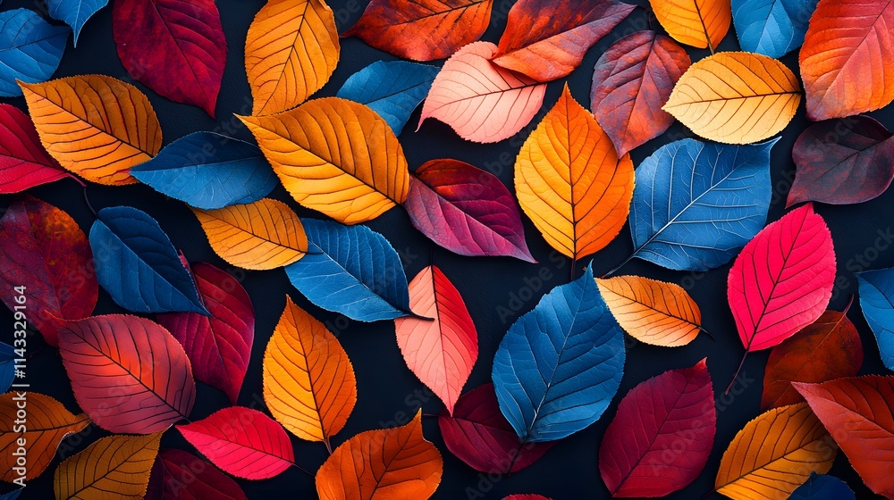 High contrast autumn leaves pattern, featuring bright blue, red, orange, pink, and yellow tones, laid out on a black background for bold visual impact High contrast autumn leaves pattern, featuring bright blue, red, orange, pink, and yellow tones, laid out on a black background for bold visual impact