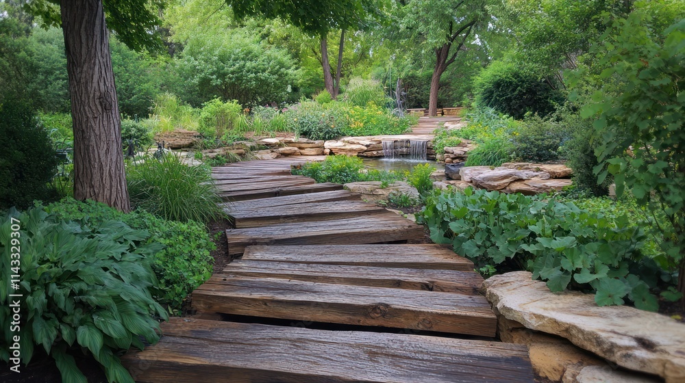 A serene garden path made of wooden planks, surrounded by lush greenery and flowers. A serene garden path made of wooden planks, surrounded by lush greenery and flowers.