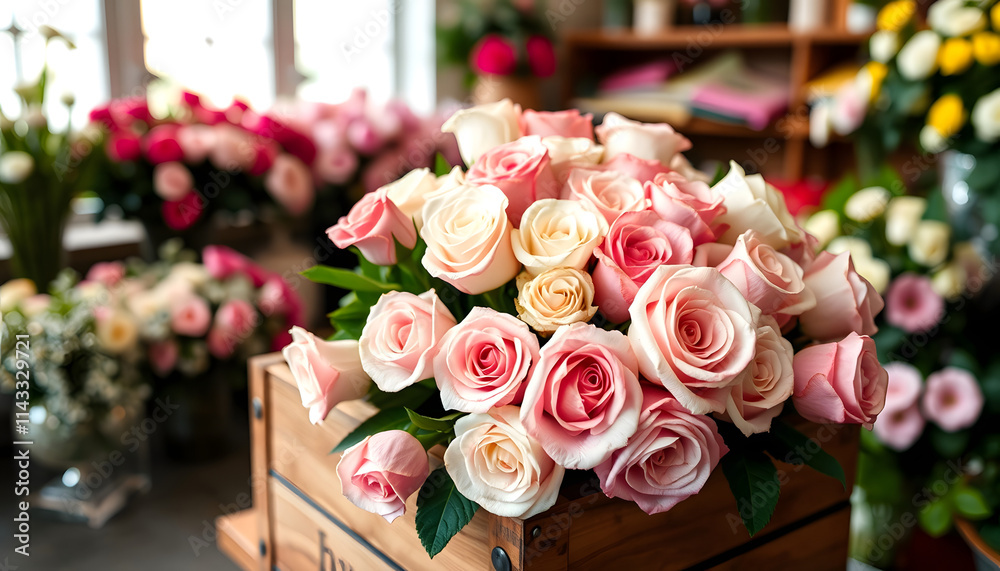 Fototapeta premium Roses bouquet for wedding. White and pink roses bouquet in a wooden vintage box inside florist shop, masterpiece