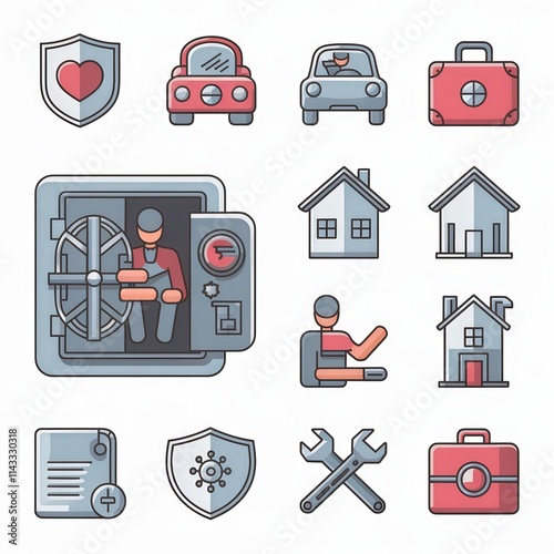 Vector Illustration of Insurance Icons Featuring Safe and Policy Symbols photo