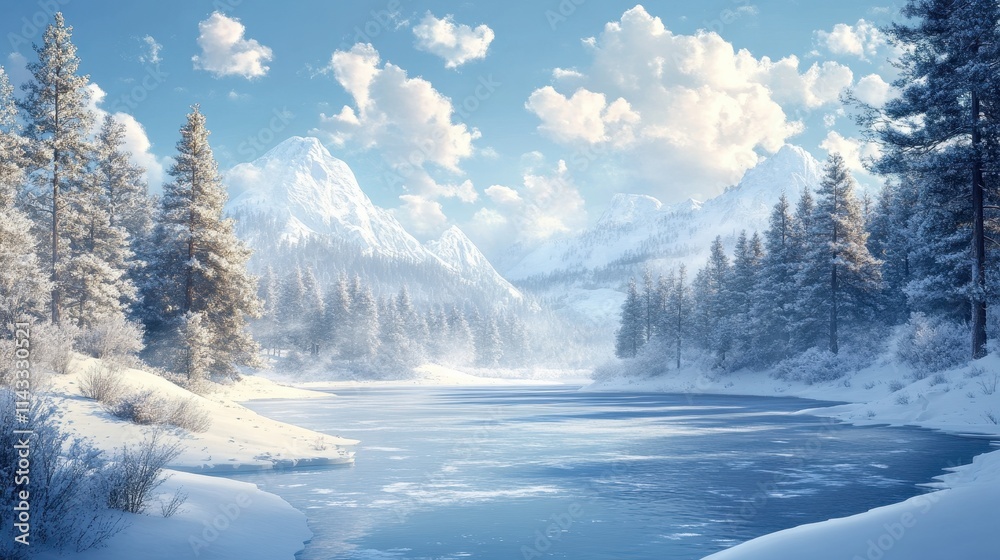 Pristine snowy landscape with pine trees and a frozen lake. Pristine snowy landscape with pine trees and a frozen lake.