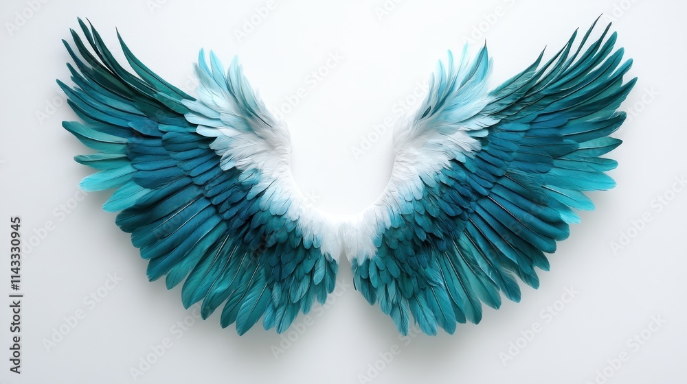 Fototapeta premium Teal feather angel wings turquoise bird white background.