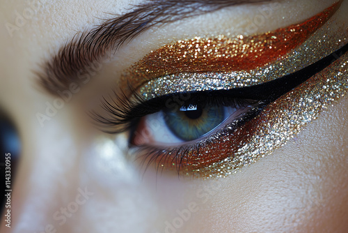 Art deco twenties flapper style inspired gold eye makeup with strong eyeliner 