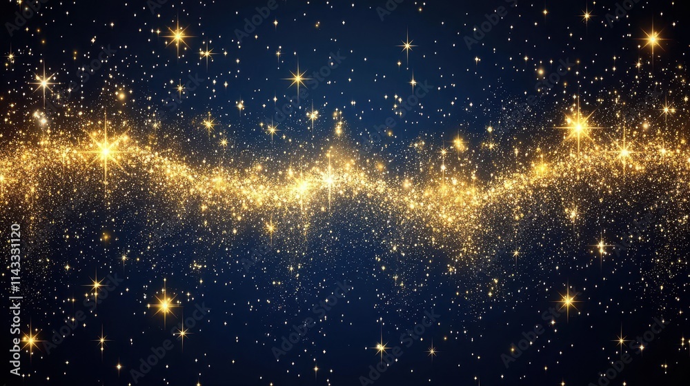 Naklejka premium Elegant Christmas background with a blend of gold and silver sparkles on a dark navy canvas. The sparkles is distributed in a way that suggests a festive, shimmering night sky.