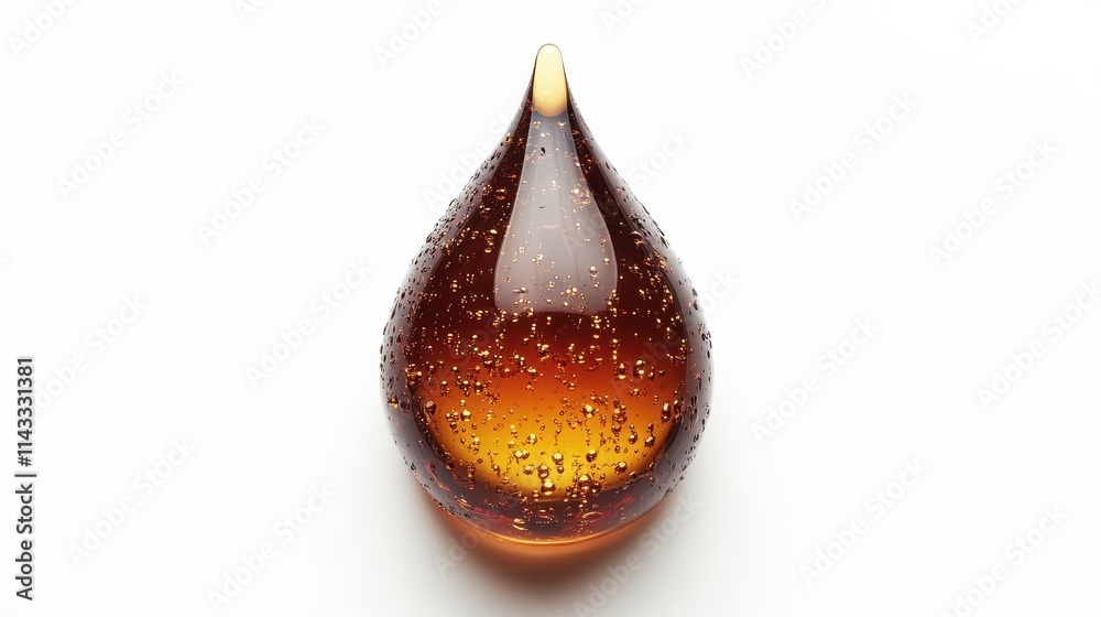 Obraz premium Glossy oil drop with intricate texture, isolated on a white background, ideal for graphics and illustrations.