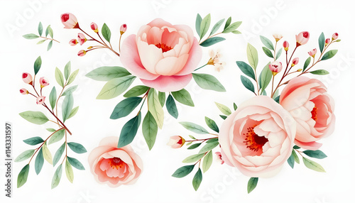 Watercolor floral illustration bouquet set - green leaves, pink peach blush white flowers branches. Wedding invitations, greetings, wallpapers, fashion, prints. Eucalyptus, olive, peony, rose, Backl