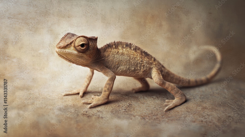 Naklejka premium Young chameleon posing on textured background.
