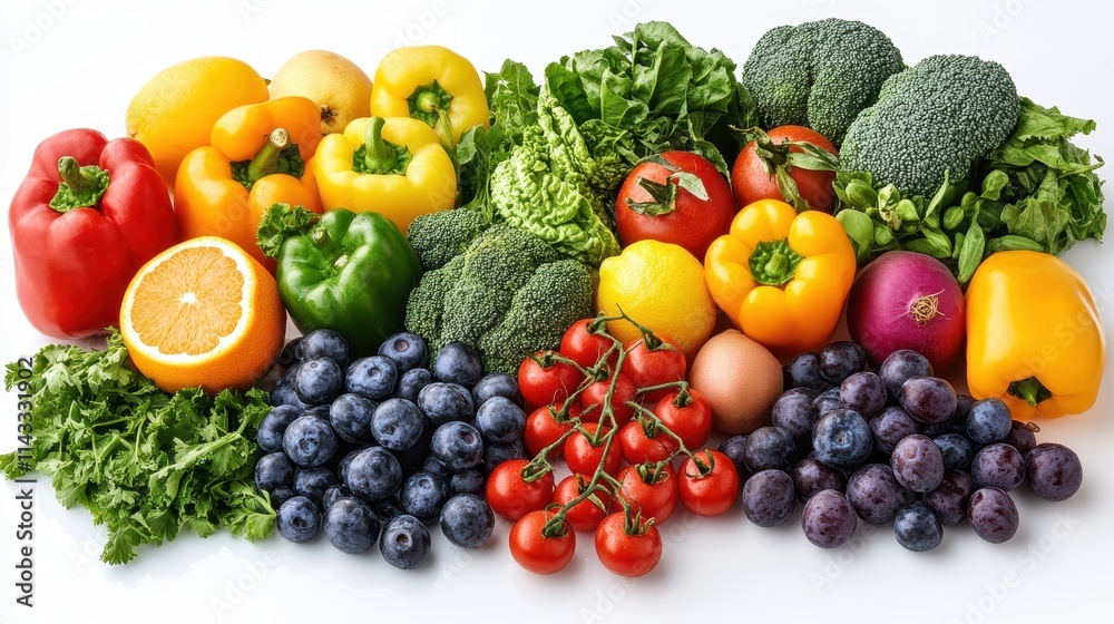 Vibrant graphic of assorted fruits and vegetables artistically arranged on a white background. Vibrant graphic of assorted fruits and vegetables artistically arranged on a white background.