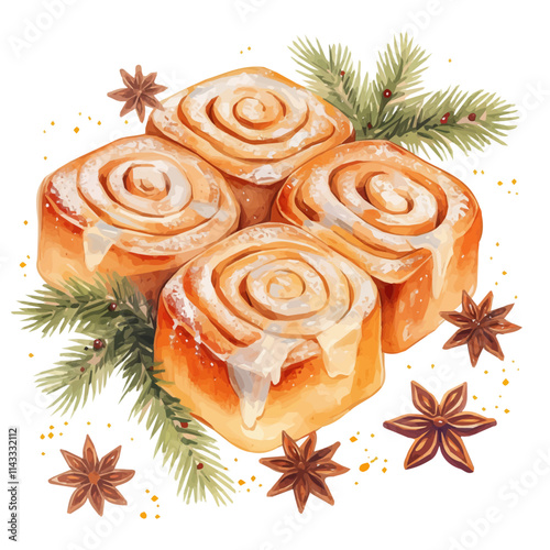 watercolor Christmas cinnamon rolls painting collection isolated on a white background, vector flat watercolor design painting, Christmas design