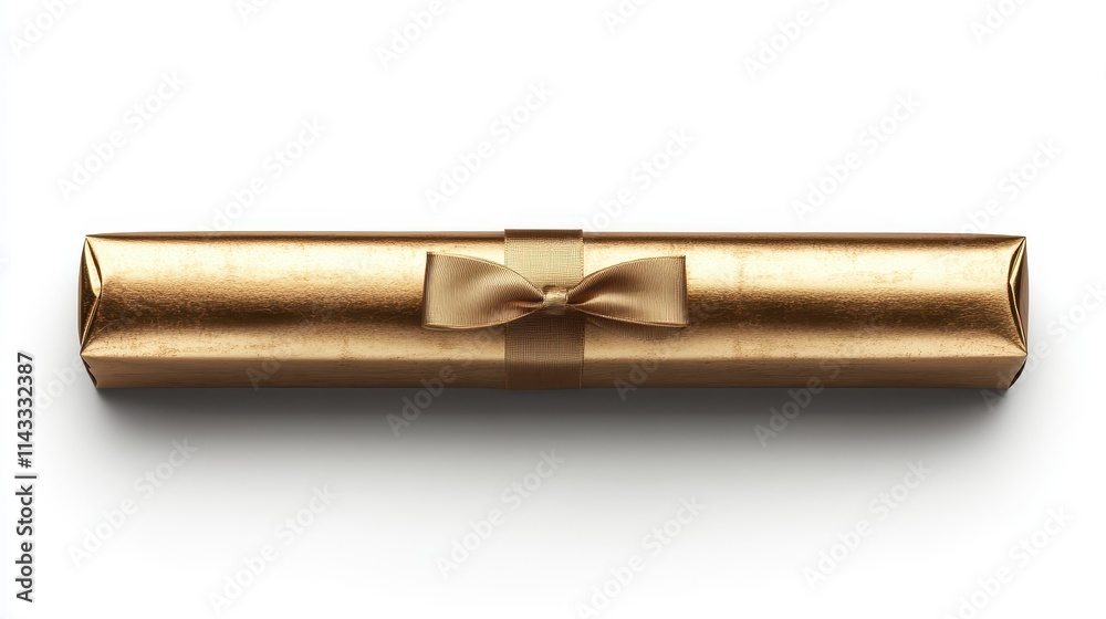 Top view of gold wrapped gift with ribbon and bow Top view of gold wrapped gift with ribbon and bow