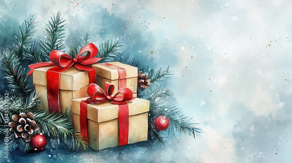 Christmas presents with red ribbons, nestled in winter greenery, watercolor style