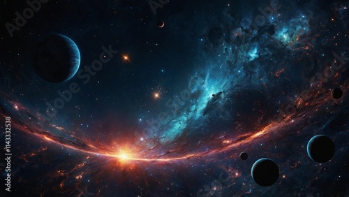 Space galaxy planets in glowing night sky background