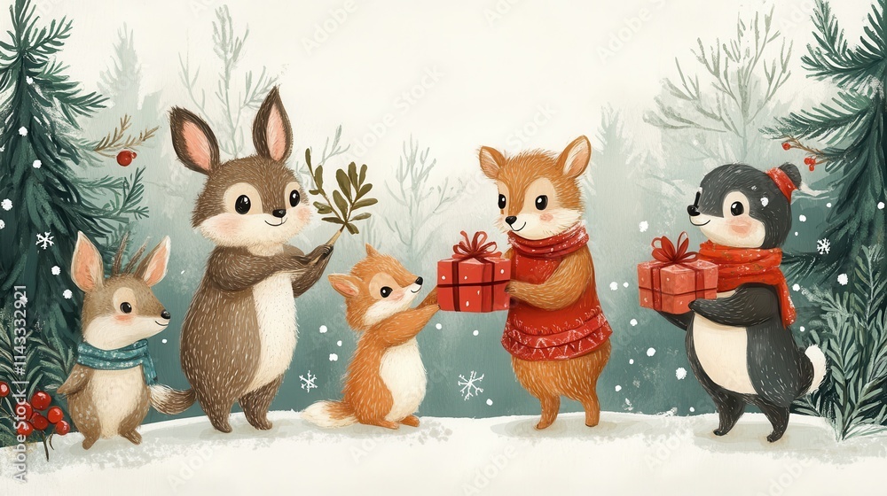 Obraz premium A whimsical illustration of animals exchanging gifts, perfect for holiday themes and children's decor.