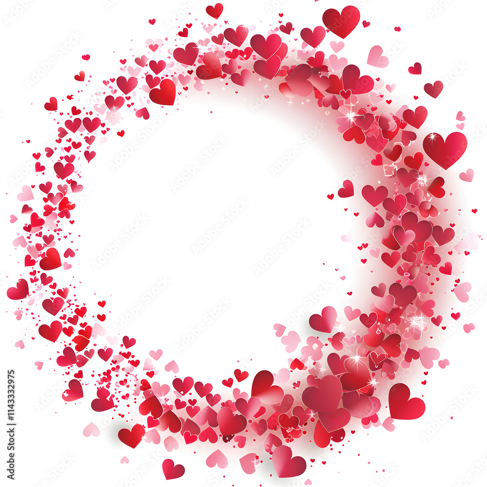 Valentine’s Day circular frame design with scattered red and pink hearts in various sizes. Valentine’s Day circular frame design with scattered red and pink hearts in various sizes.