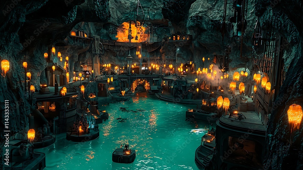 Enchanting subterranean city with glowing lanterns, boats, and waterways. Enchanting subterranean city with glowing lanterns, boats, and waterways.